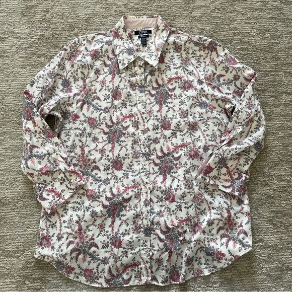 Chaps Womens XL No Iron Button Up Shirt Pink Floral 3/4 Sleeve Blouse Cotton - Picture 1 of 9